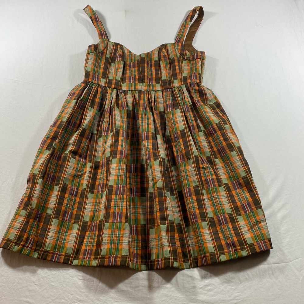 Ali Ro Dress Women 4 Plaid Mini Sleeveless brown gold Bustier Dress Fit Flare